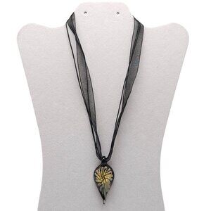Handcrafted Black Glass Pendant Necklace With Yellow Floral On Sheer Ribbon Cord